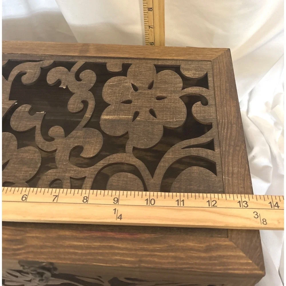 Laser Cut Wooden Keepsake Box Large Brown Floral Filigree Carved Latch Chest